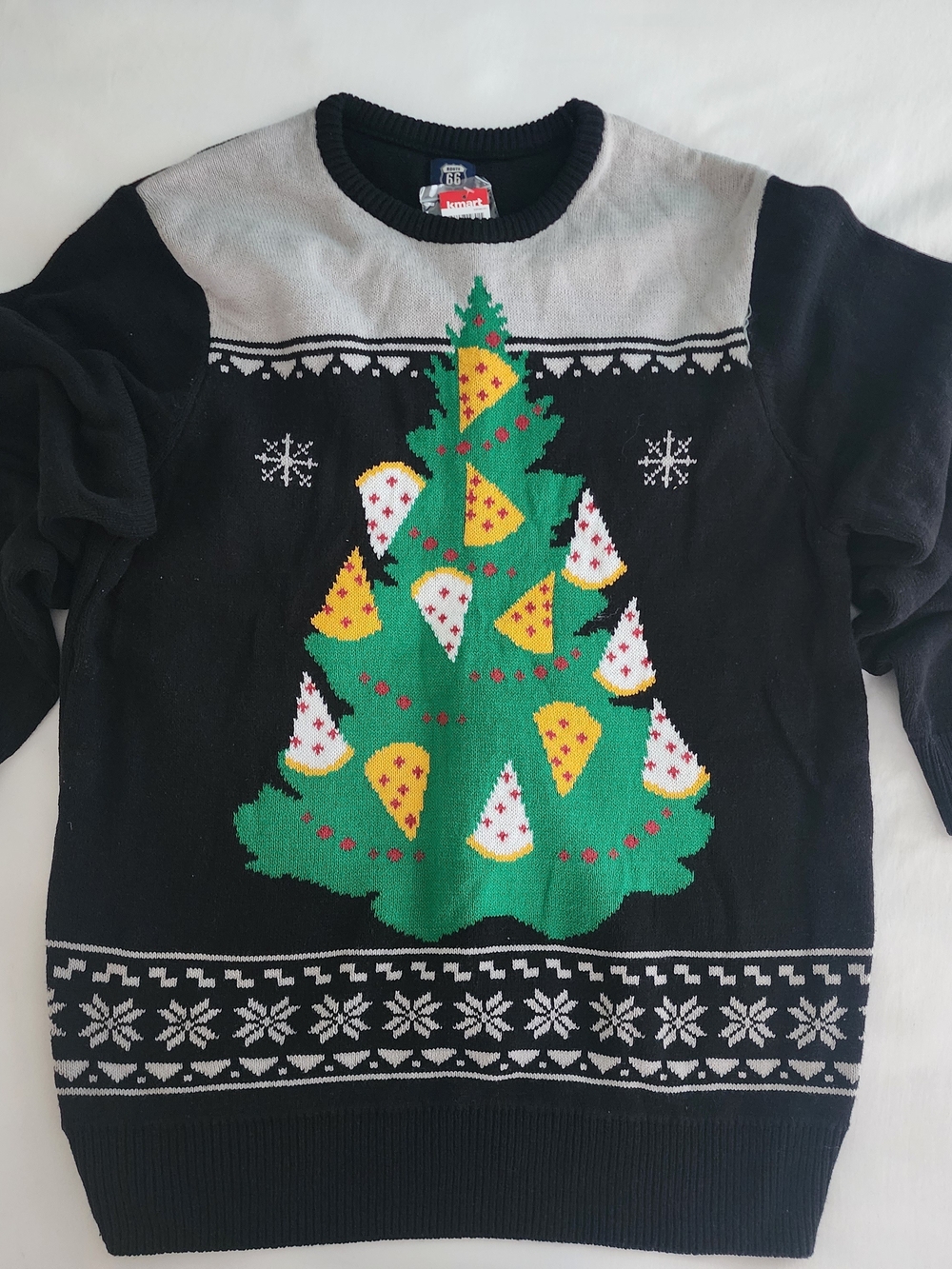 Novelty Black Womans Christmas Tree Sweater with Pizza Slice Ornaments